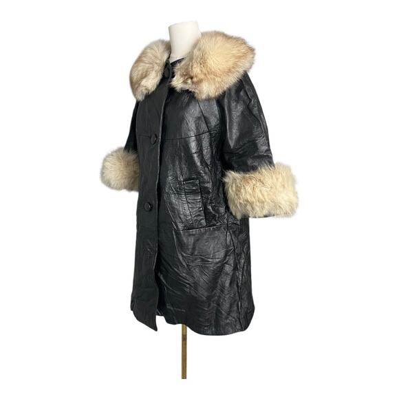 Vintage Fox Fur & Leather Trench Coat Stroller Spy Overcoat Retro Medium MCM - Picture 6 of 7